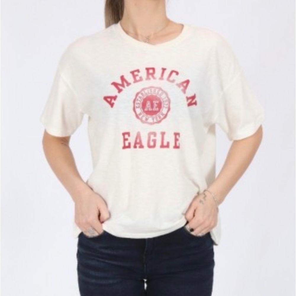 American Eagle Womens Cream Red Graphic Collegiate T-Shirt Relaxed Fit Size S